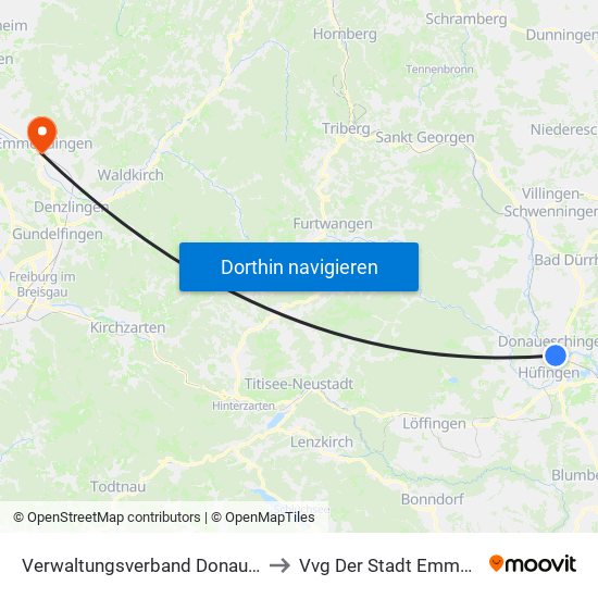 Verwaltungsverband Donaueschingen to Vvg Der Stadt Emmendingen map