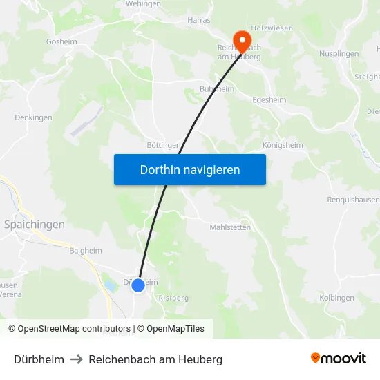 Dürbheim to Reichenbach am Heuberg map