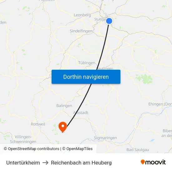 Untertürkheim to Reichenbach am Heuberg map