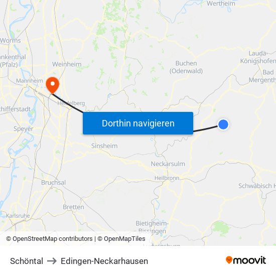 Schöntal to Edingen-Neckarhausen map