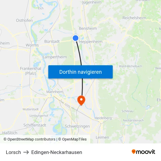 Lorsch to Edingen-Neckarhausen map
