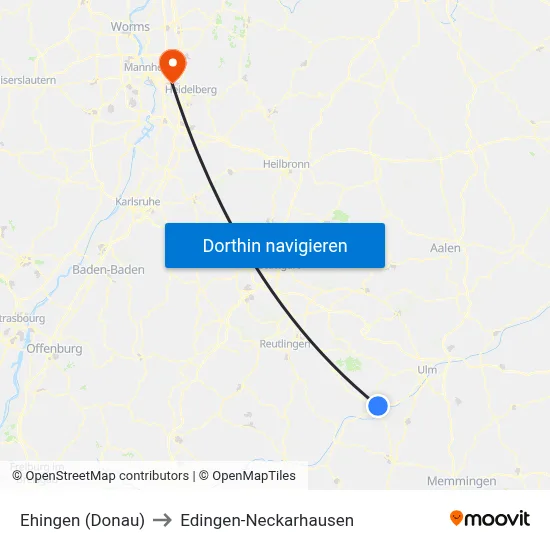 Ehingen (Donau) to Edingen-Neckarhausen map
