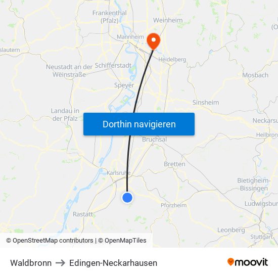 Waldbronn to Edingen-Neckarhausen map