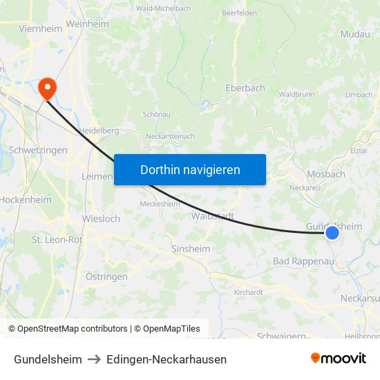 Gundelsheim to Edingen-Neckarhausen map