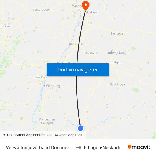 Verwaltungsverband Donaueschingen to Edingen-Neckarhausen map