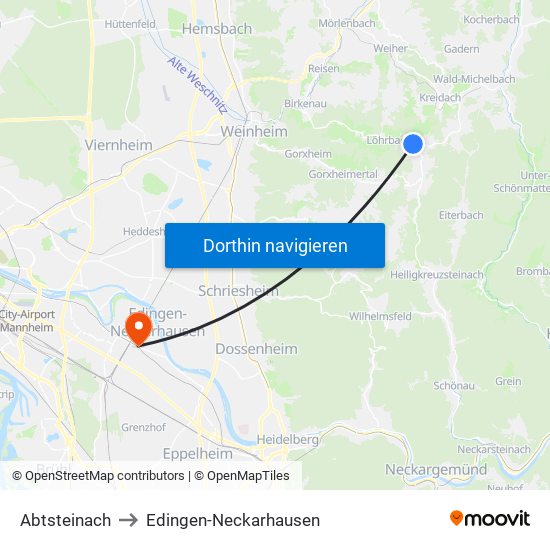 Abtsteinach to Edingen-Neckarhausen map