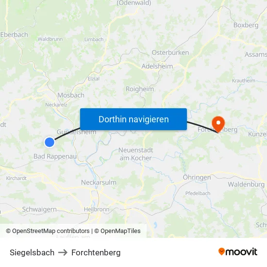 Siegelsbach to Forchtenberg map