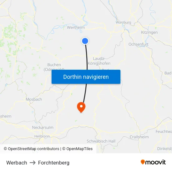 Werbach to Forchtenberg map