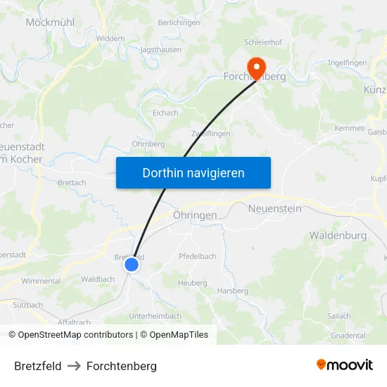 Bretzfeld to Forchtenberg map