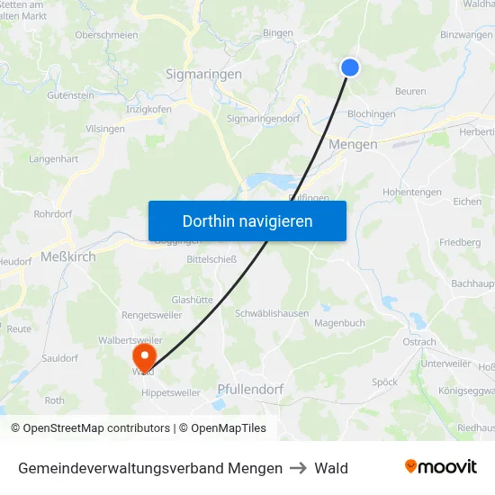 Gemeindeverwaltungsverband Mengen to Wald map