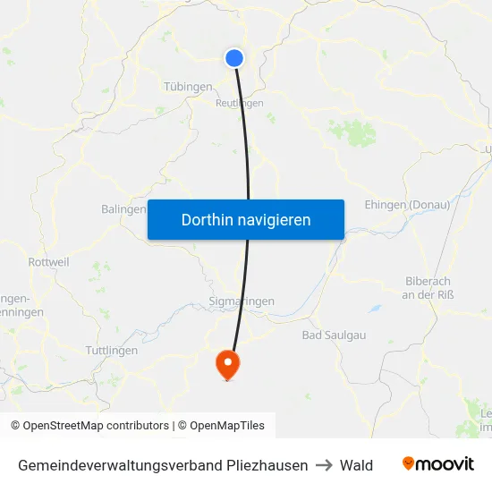 Gemeindeverwaltungsverband Pliezhausen to Wald map