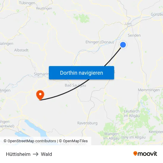 Hüttisheim to Wald map