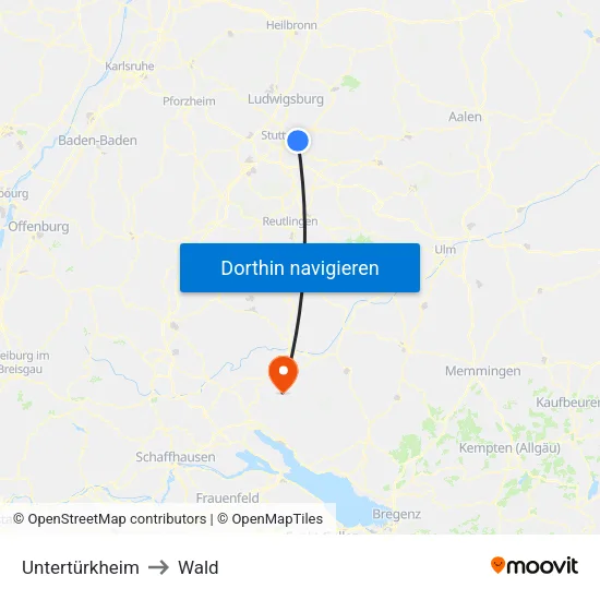 Untertürkheim to Wald map