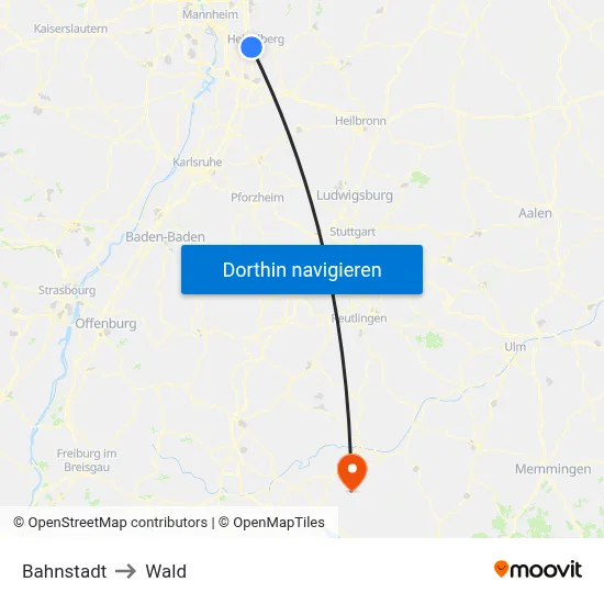 Bahnstadt to Wald map