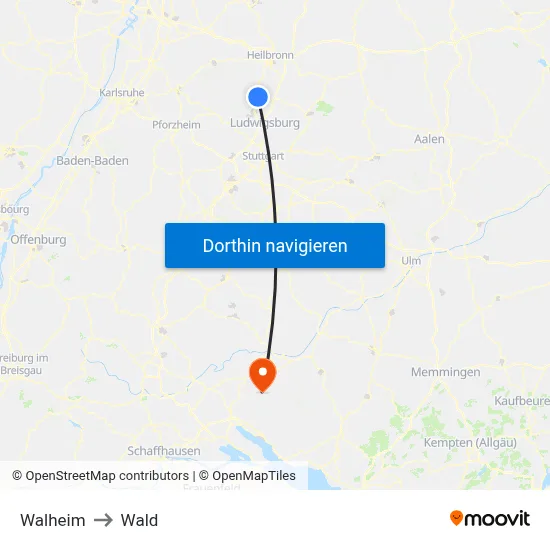 Walheim to Wald map