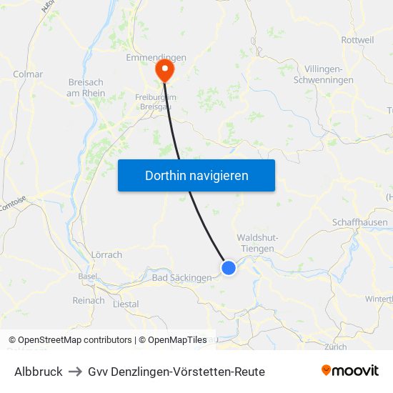 Albbruck to Gvv Denzlingen-Vörstetten-Reute map