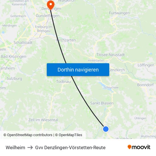 Weilheim to Gvv Denzlingen-Vörstetten-Reute map