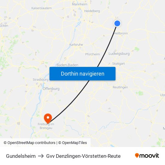 Gundelsheim to Gvv Denzlingen-Vörstetten-Reute map