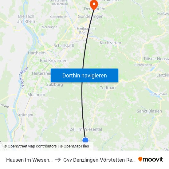 Hausen Im Wiesental to Gvv Denzlingen-Vörstetten-Reute map