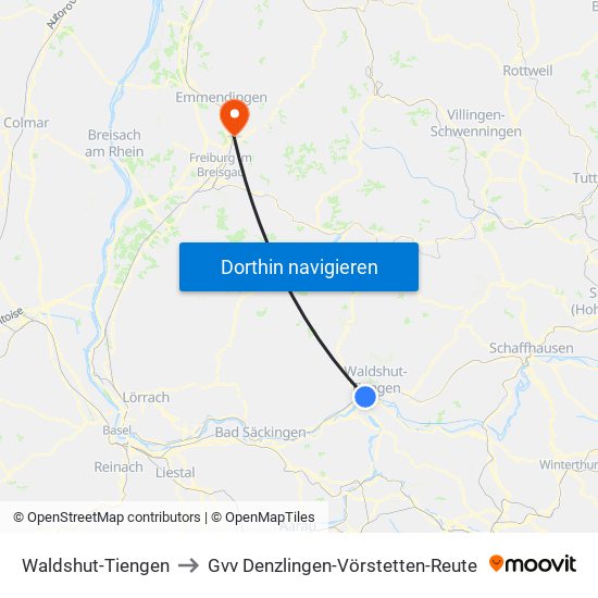 Waldshut-Tiengen to Gvv Denzlingen-Vörstetten-Reute map