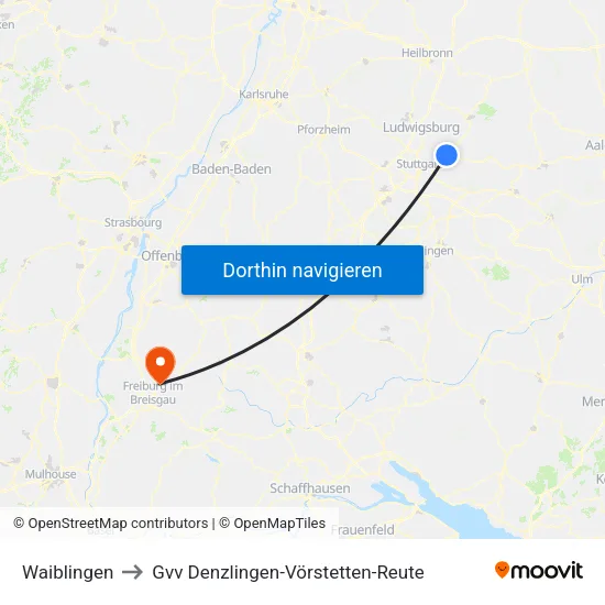 Waiblingen to Gvv Denzlingen-Vörstetten-Reute map