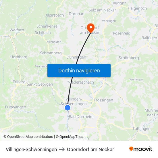 Villingen-Schwenningen to Oberndorf am Neckar map