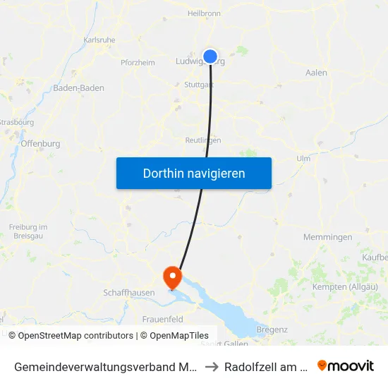 Gemeindeverwaltungsverband Marbach am Neckar to Radolfzell am Bodensee map