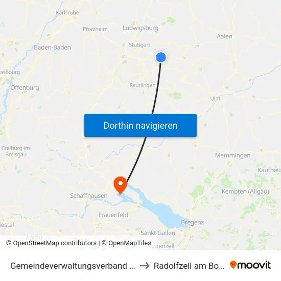 Gemeindeverwaltungsverband Plochingen to Radolfzell am Bodensee map