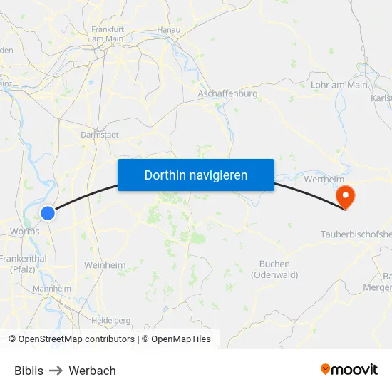 Biblis to Werbach map