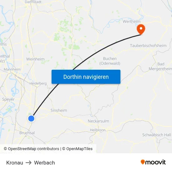 Kronau to Werbach map