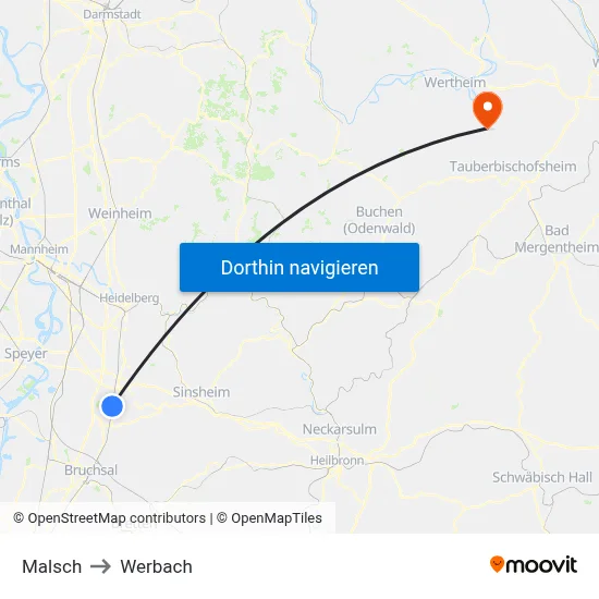 Malsch to Werbach map