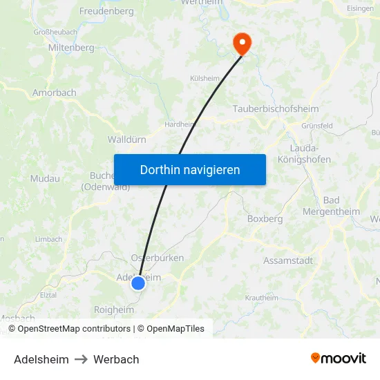 Adelsheim to Werbach map