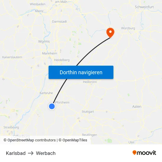 Karlsbad to Werbach map