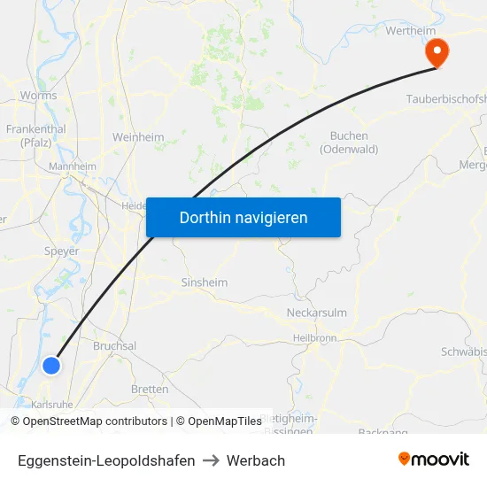 Eggenstein-Leopoldshafen to Werbach map