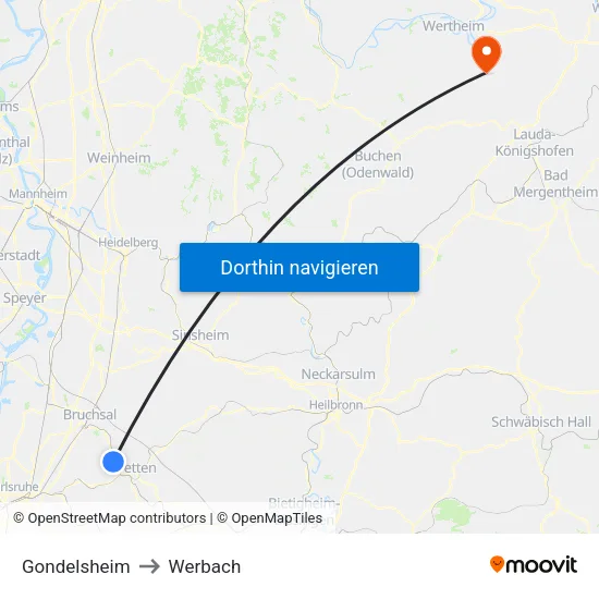 Gondelsheim to Werbach map