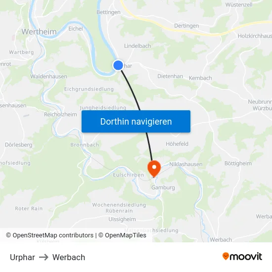 Urphar to Werbach map