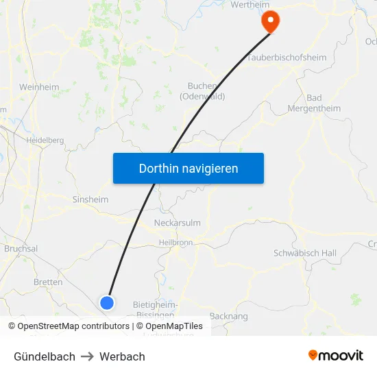 Gündelbach to Werbach map