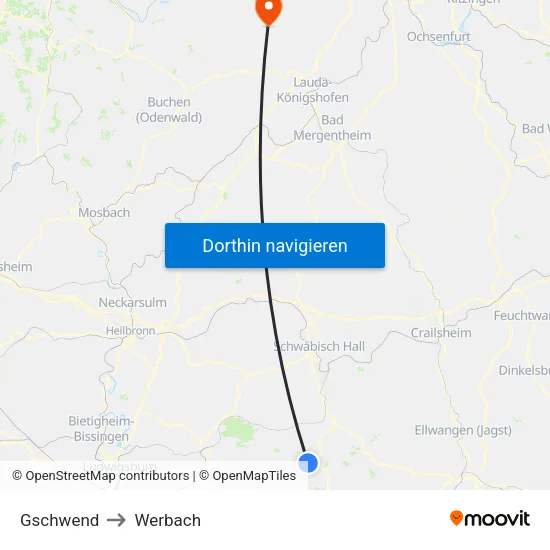 Gschwend to Werbach map