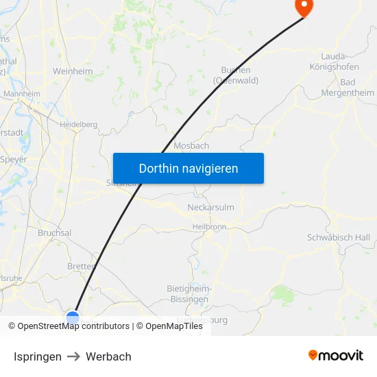 Ispringen to Werbach map