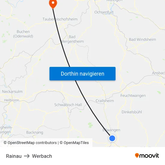 Rainau to Werbach map
