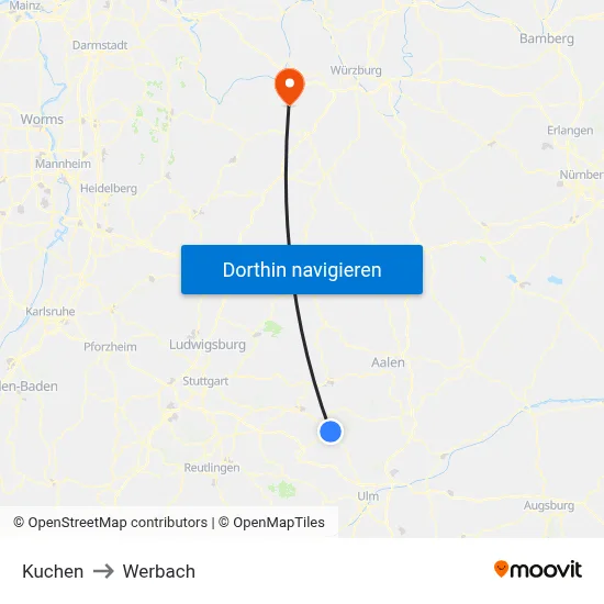 Kuchen to Werbach map