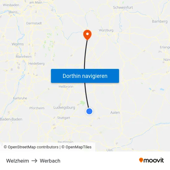 Welzheim to Werbach map