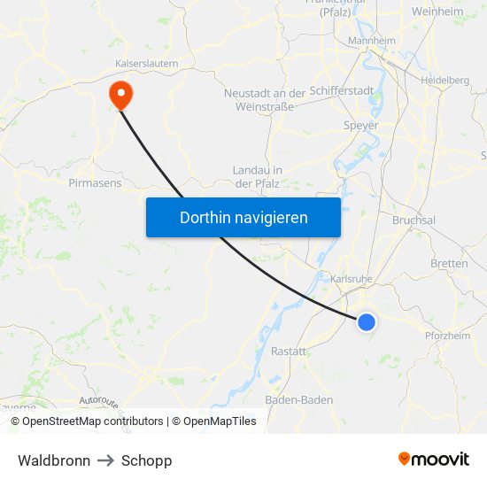 Waldbronn to Schopp map