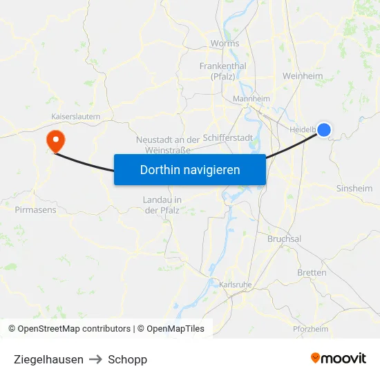 Ziegelhausen to Schopp map
