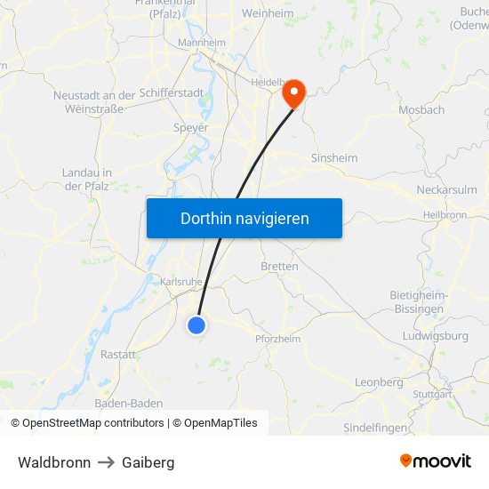 Waldbronn to Gaiberg map