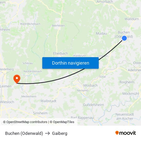 Buchen (Odenwald) to Gaiberg map