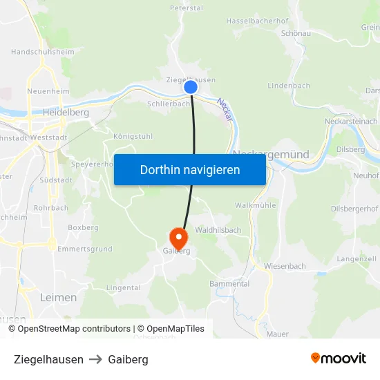 Ziegelhausen to Gaiberg map