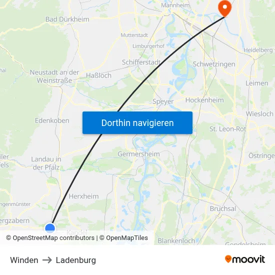 Winden to Ladenburg map