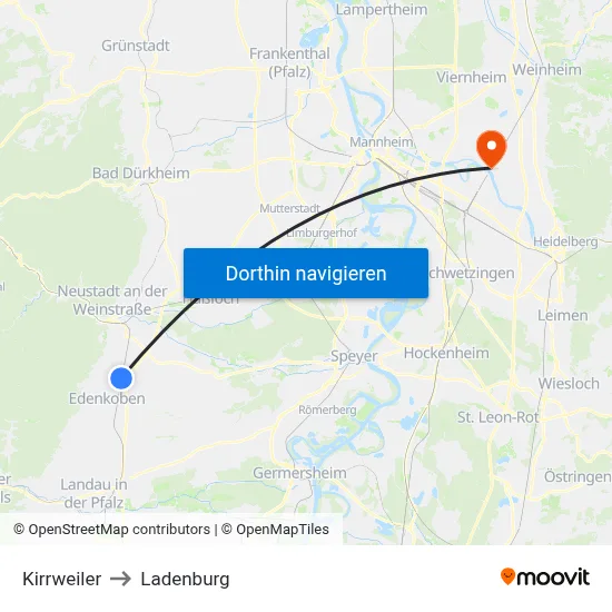 Kirrweiler to Ladenburg map