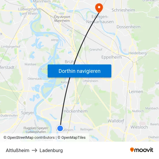 Altlußheim to Ladenburg map